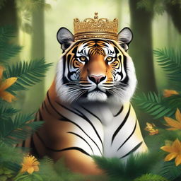 A majestic, high-quality digital art of a tiger wearing a golden crown, standing proudly in a lush, dense forest