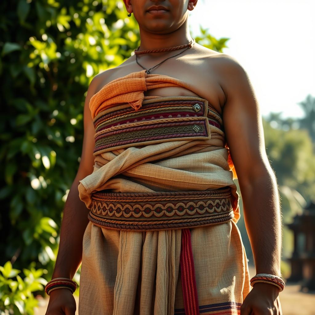 A historical figure dressed in traditional loin clothing, featuring intricate girdles that accentuate their waist