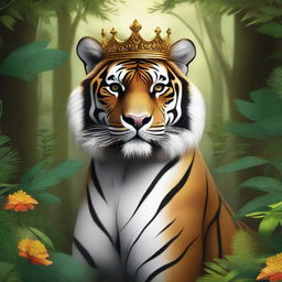 A majestic, high-quality digital art of a tiger wearing a golden crown, standing proudly in a lush, dense forest