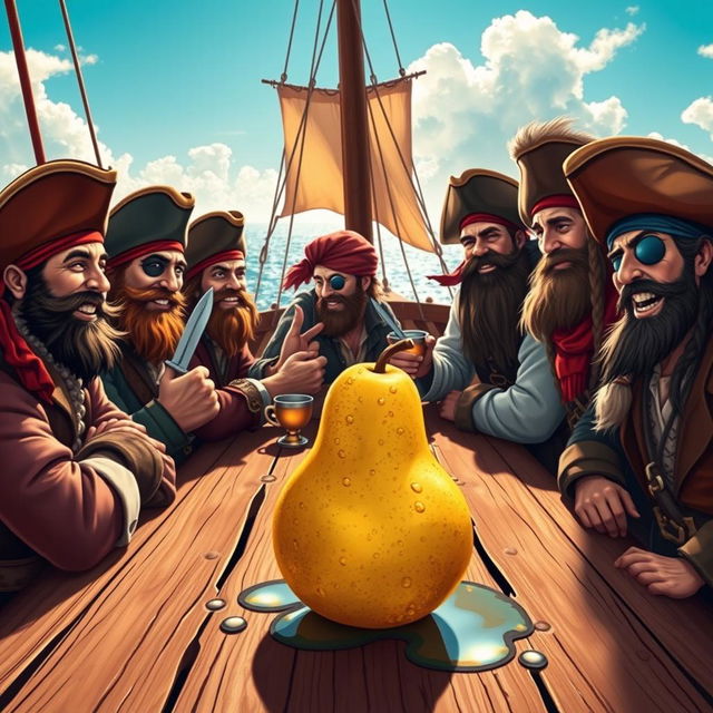 A lively scene depicting a crew of rugged pirates sitting together at a wooden table on a ship deck, enjoying a juicy pear