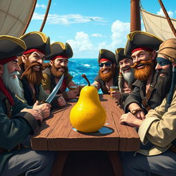 A lively scene depicting a crew of rugged pirates sitting together at a wooden table on a ship deck, enjoying a juicy pear