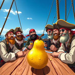 A lively scene depicting a crew of rugged pirates sitting together at a wooden table on a ship deck, enjoying a juicy pear