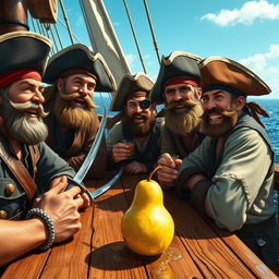 A lively scene depicting a crew of rugged pirates sitting together at a wooden table on a ship deck, enjoying a juicy pear