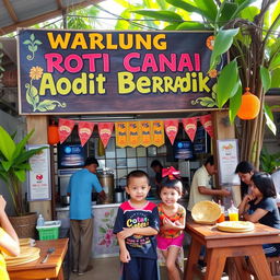 A lively scene at a Warung Roti Canai featuring a prominent signboard reading "Warung Roti Canai Adik Beradik" in bold, colorful lettering