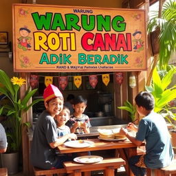 A lively scene at a Warung Roti Canai featuring a prominent signboard reading "Warung Roti Canai Adik Beradik" in bold, colorful lettering