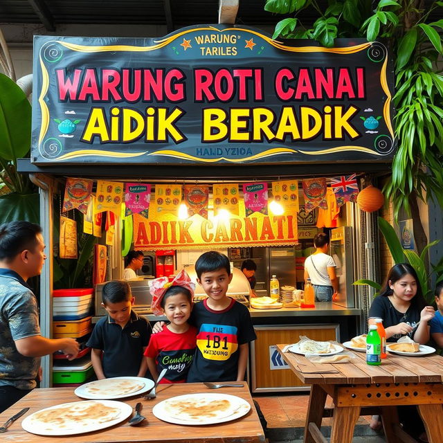 A lively scene at a Warung Roti Canai featuring a prominent signboard reading "Warung Roti Canai Adik Beradik" in bold, colorful lettering