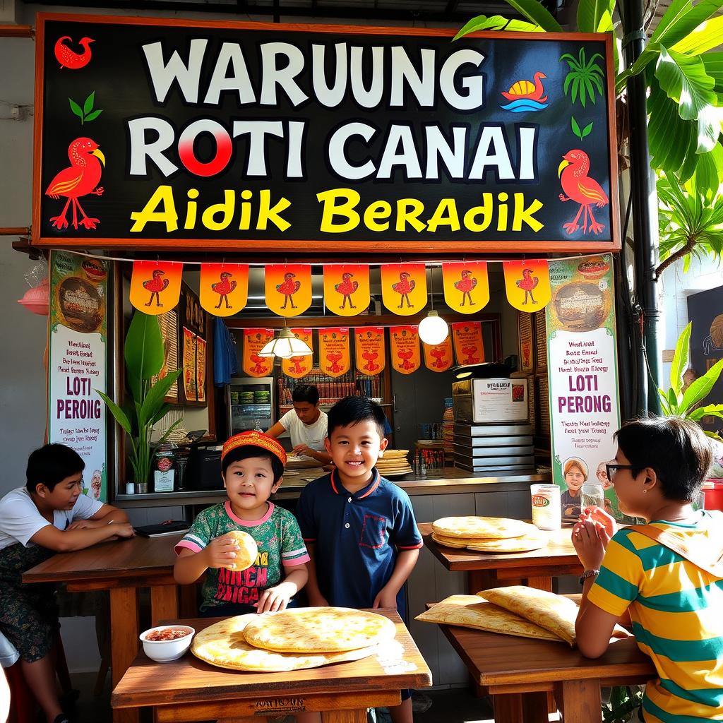 A lively scene at a Warung Roti Canai featuring a prominent signboard reading "Warung Roti Canai Adik Beradik" in bold, colorful lettering
