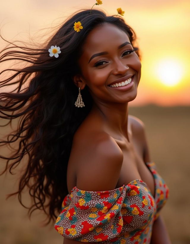 A stunning portrait of a beautiful African American woman with radiant skin and captivating features