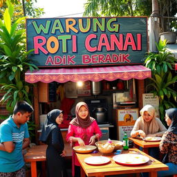 A lively scene at a Warung Roti Canai, featuring a prominent signboard that reads "Warung Roti Canai Adik Beradik" in colorful, hand-painted lettering