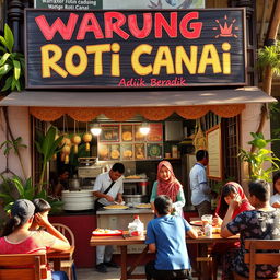 A lively scene at a Warung Roti Canai, featuring a prominent signboard that reads "Warung Roti Canai Adik Beradik" in colorful, hand-painted lettering