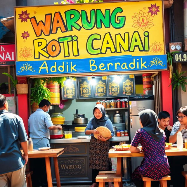 A lively scene at a Warung Roti Canai, featuring a prominent signboard that reads "Warung Roti Canai Adik Beradik" in colorful, hand-painted lettering