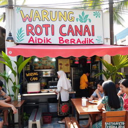 A lively scene at a Warung Roti Canai, featuring a prominent signboard that reads "Warung Roti Canai Adik Beradik" in colorful, hand-painted lettering