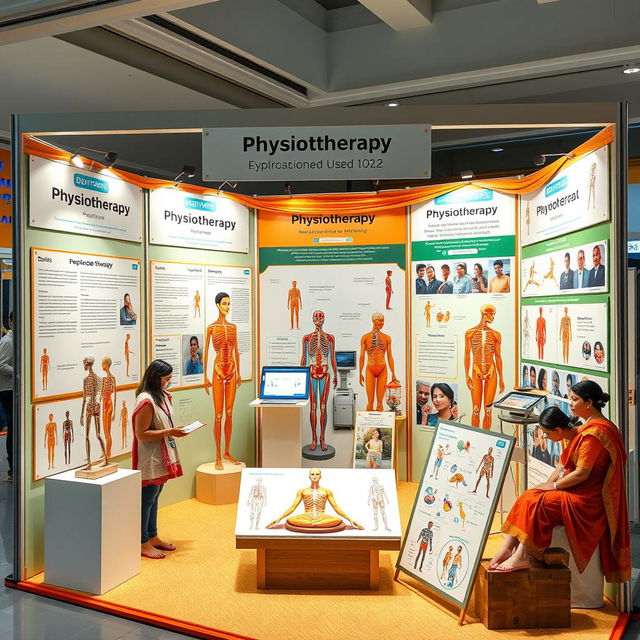 A visually captivating science exhibition display showcasing various physiotherapic features and therapies used in India