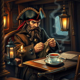 An intricate scene featuring a pirate captain sitting comfortably in a cozy cabin aboard a ship, sewing a tattered piece of fabric with focused attention
