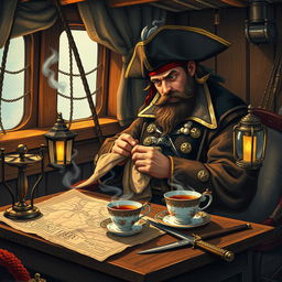 An intricate scene featuring a pirate captain sitting comfortably in a cozy cabin aboard a ship, sewing a tattered piece of fabric with focused attention