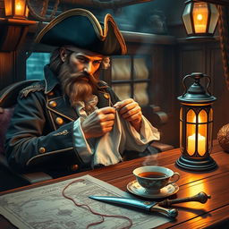 An intricate scene featuring a pirate captain sitting comfortably in a cozy cabin aboard a ship, sewing a tattered piece of fabric with focused attention