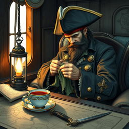 An intricate scene featuring a pirate captain sitting comfortably in a cozy cabin aboard a ship, sewing a tattered piece of fabric with focused attention