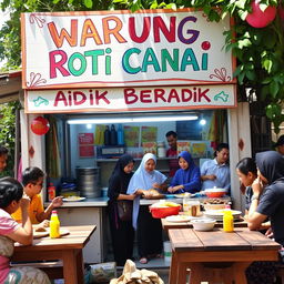A lively scene at a Warung Roti Canai showcasing a prominent signboard that reads "Warung Roti Canai Adik Beradik" in colorful, hand-painted lettering