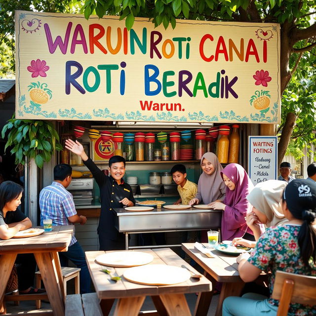 A lively scene at a Warung Roti Canai showcasing a prominent signboard that reads "Warung Roti Canai Adik Beradik" in colorful, hand-painted lettering