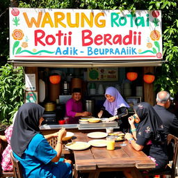 A lively scene at a Warung Roti Canai showcasing a prominent signboard that reads "Warung Roti Canai Adik Beradik" in colorful, hand-painted lettering