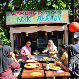 A lively scene at a Warung Roti Canai showcasing a prominent signboard that reads "Warung Roti Canai Adik Beradik" in colorful, hand-painted lettering