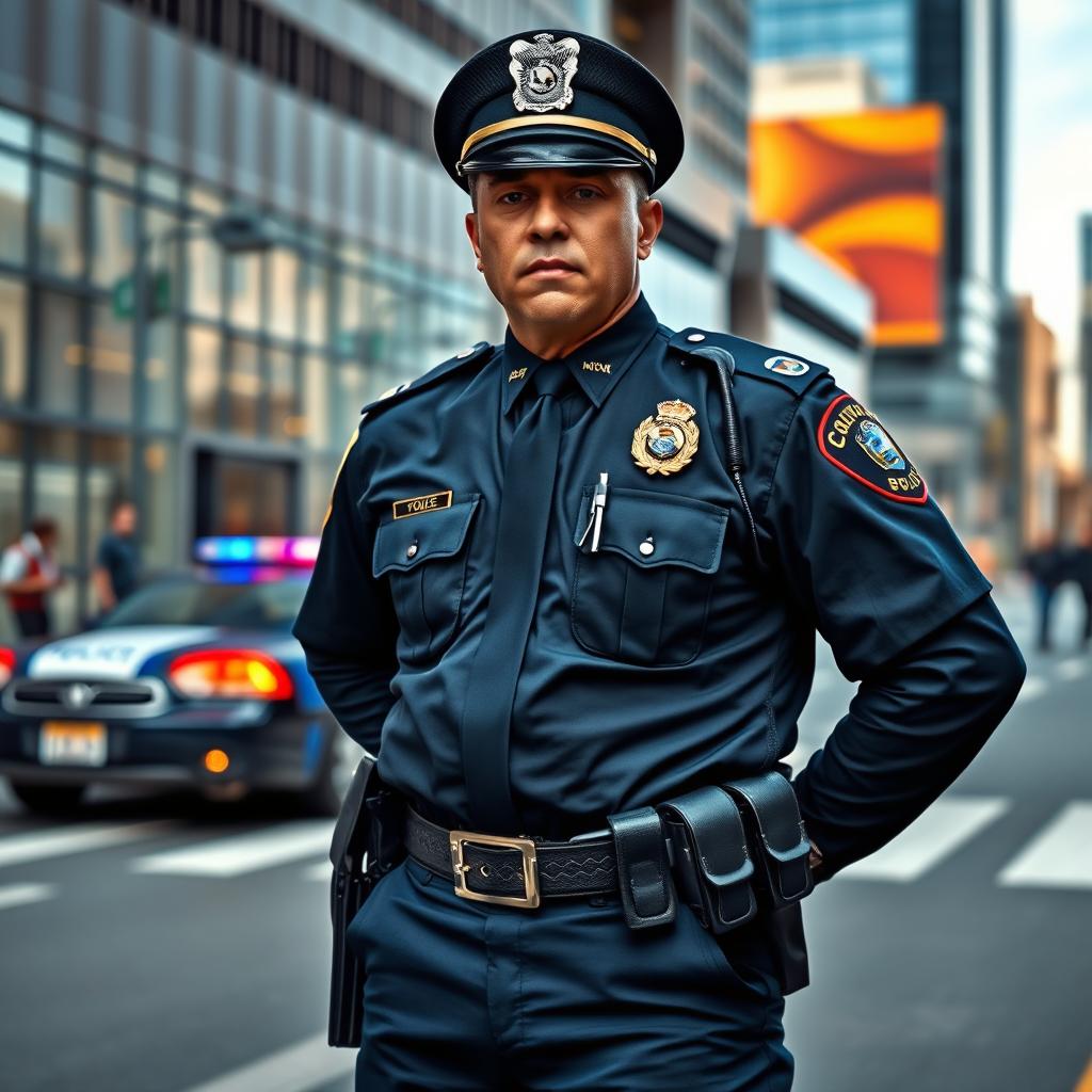 A highly detailed realistic depiction of a police officer in uniform, set against a dynamic urban backdrop