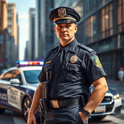 A highly detailed realistic depiction of a police officer in uniform, set against a dynamic urban backdrop