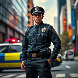 A highly detailed realistic depiction of a police officer in uniform, set against a dynamic urban backdrop