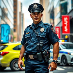 A highly detailed realistic depiction of a police officer in uniform, set against a dynamic urban backdrop