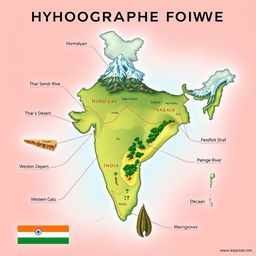 A detailed and colorful illustration showcasing the physiographic features of India, including the Himalayan mountain range with snow-capped peaks, the vast Thar Desert with golden sand dunes, the fertile plains of the Ganges River, lush Western Ghats with rich greenery, the plateau region of Deccan with rocky formations, and the coastal regions featuring beaches and mangroves