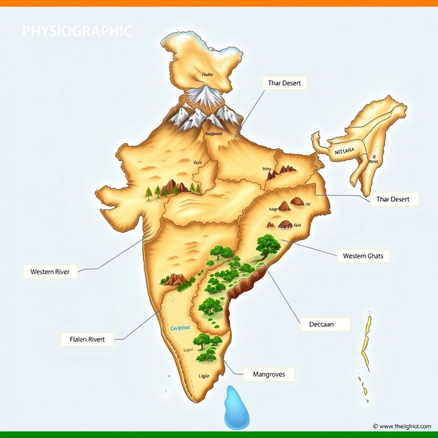 A detailed and colorful illustration showcasing the physiographic features of India, including the Himalayan mountain range with snow-capped peaks, the vast Thar Desert with golden sand dunes, the fertile plains of the Ganges River, lush Western Ghats with rich greenery, the plateau region of Deccan with rocky formations, and the coastal regions featuring beaches and mangroves