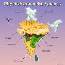A detailed and colorful illustration showcasing the physiographic features of India, including the Himalayan mountain range with snow-capped peaks, the vast Thar Desert with golden sand dunes, the fertile plains of the Ganges River, lush Western Ghats with rich greenery, the plateau region of Deccan with rocky formations, and the coastal regions featuring beaches and mangroves