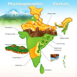 A detailed and colorful illustration showcasing the physiographic features of India, including the Himalayan mountain range with snow-capped peaks, the vast Thar Desert with golden sand dunes, the fertile plains of the Ganges River, lush Western Ghats with rich greenery, the plateau region of Deccan with rocky formations, and the coastal regions featuring beaches and mangroves