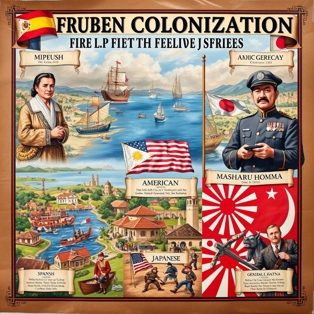 A historical poster illustrating the foreign colonization of the Philippines by the Spanish, American, and Japanese