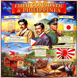 A historical poster illustrating the foreign colonization of the Philippines by the Spanish, American, and Japanese