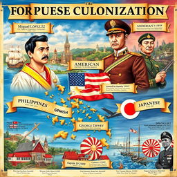 A historical poster illustrating the foreign colonization of the Philippines by the Spanish, American, and Japanese