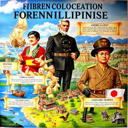 A historical poster illustrating the foreign colonization of the Philippines by the Spanish, American, and Japanese