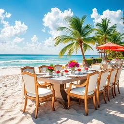 A serene outdoor beach setting featuring a large, beautifully arranged meeting table with elegant chairs, set up on soft, sandy terrain