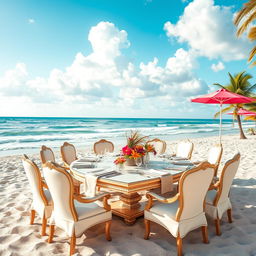 A serene outdoor beach setting featuring a large, beautifully arranged meeting table with elegant chairs, set up on soft, sandy terrain