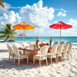 A serene outdoor beach setting featuring a large, beautifully arranged meeting table with elegant chairs, set up on soft, sandy terrain