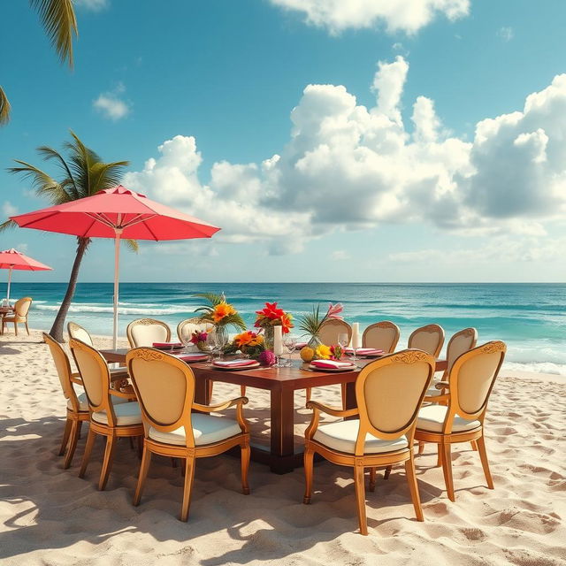 A serene outdoor beach setting featuring a large, beautifully arranged meeting table with elegant chairs, set up on soft, sandy terrain