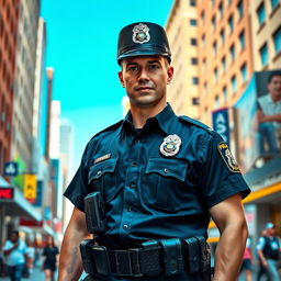 A highly detailed and realistic depiction of a police officer in a vibrant urban environment