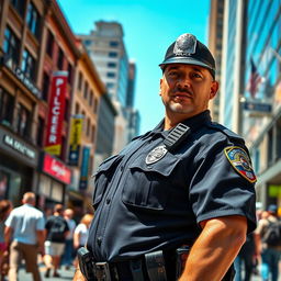 A highly detailed and realistic depiction of a police officer in a vibrant urban environment