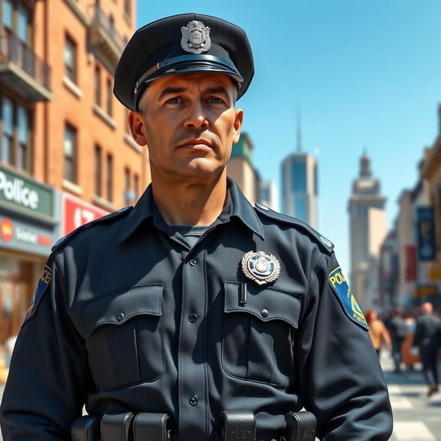 A highly detailed and realistic depiction of a police officer in a vibrant urban environment