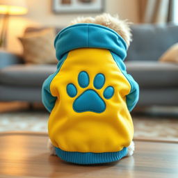 A cute, tiny jacket designed for a small pet, featuring an adorable paw print motif prominently displayed on the back