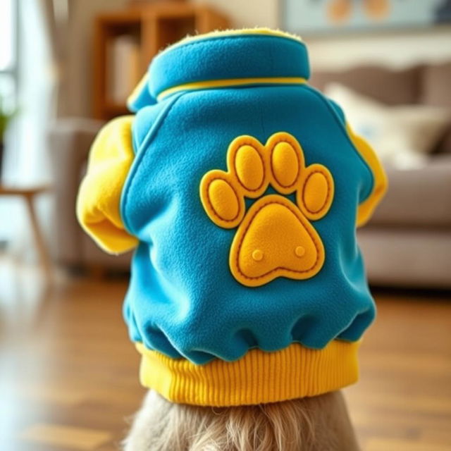 A cute, tiny jacket designed for a small pet, featuring an adorable paw print motif prominently displayed on the back