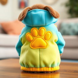 A cute, tiny jacket designed for a small pet, featuring an adorable paw print motif prominently displayed on the back