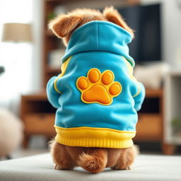 A cute, tiny jacket designed for a small pet, featuring an adorable paw print motif prominently displayed on the back