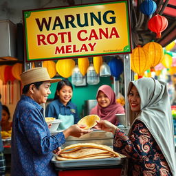A vibrant scene depicting a Malay roti canai stall (Warung Roti Canai) bustling with activity