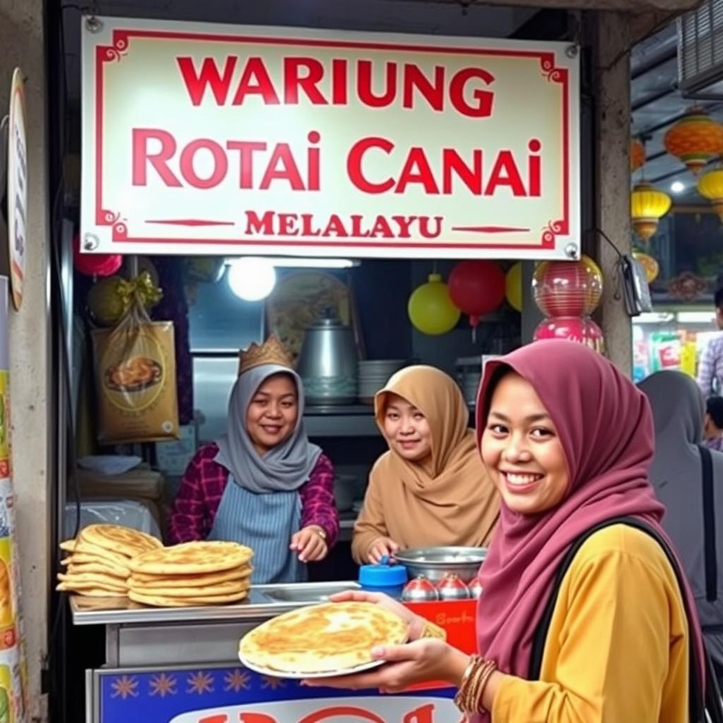 A vibrant scene depicting a Malay roti canai stall (Warung Roti Canai) bustling with activity